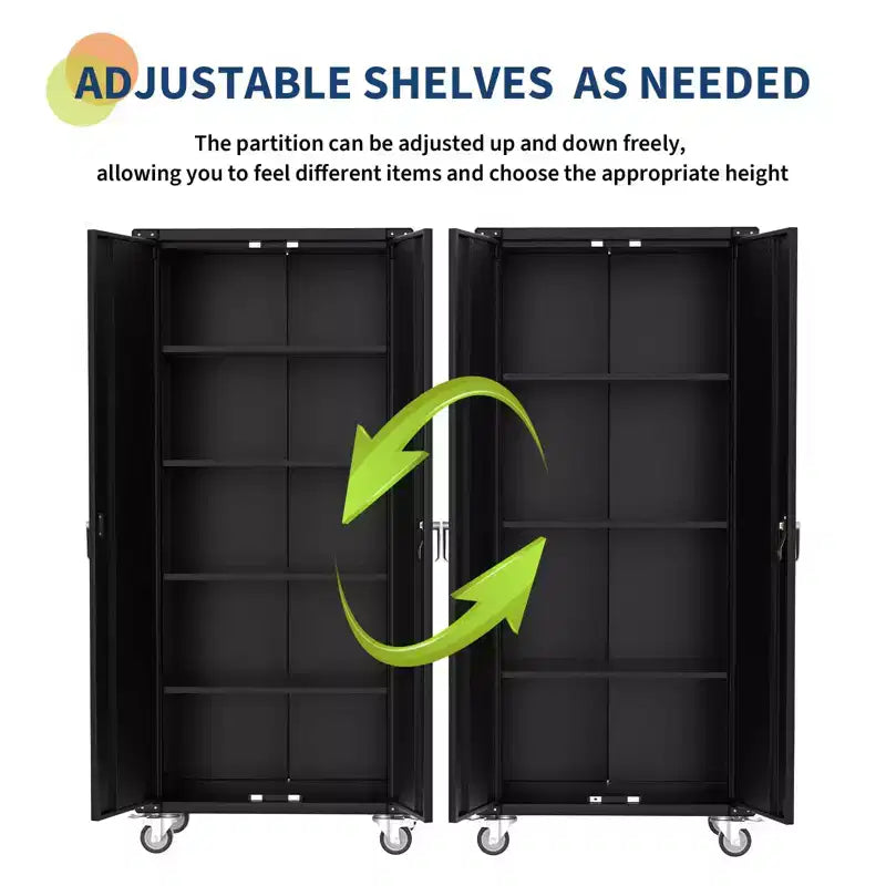 Armoire de rangement métallique robuste 183 cm avec roulettes - Portes verrouillables - 4 étagères réglables - Panneau perforé de rangement - Casiers à outils mobiles
