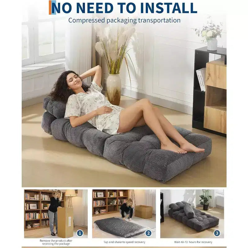 Canapé lit convertible multifonctionnel 3 en 1 - Tissu en velours côtelé capitonné, pas de 10 mm, canapé lit pliant avec oreillers, matelas confortable.