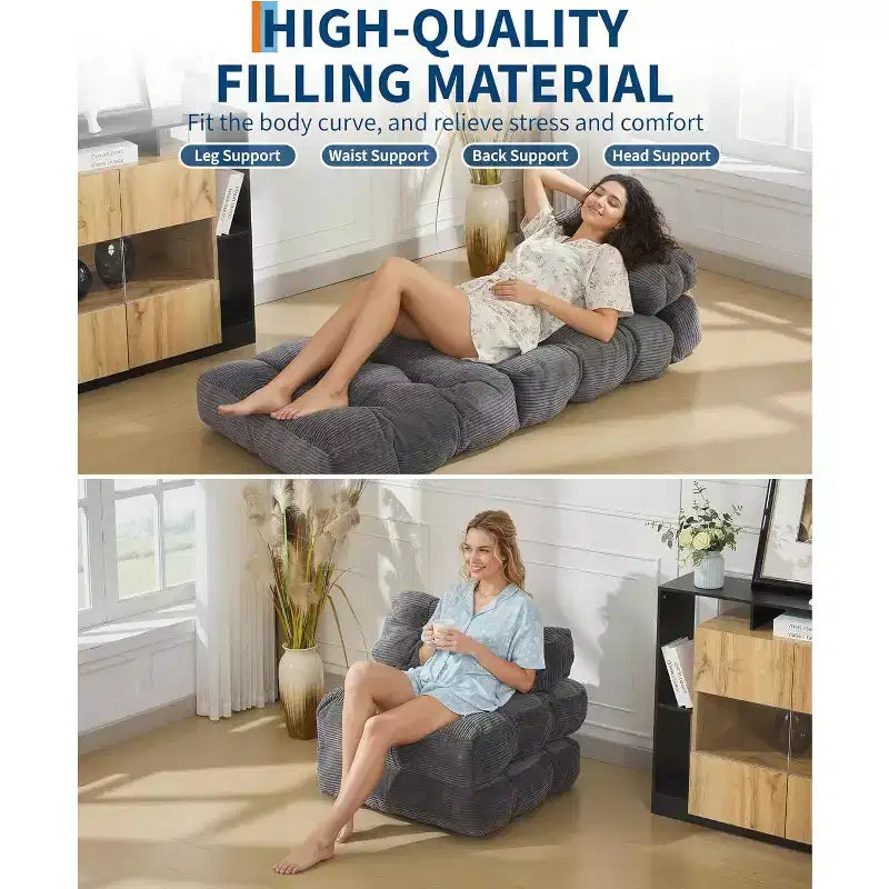 Canapé lit convertible multifonctionnel 3 en 1 - Tissu en velours côtelé capitonné, pas de 10 mm, canapé lit pliant avec oreillers, matelas confortable.