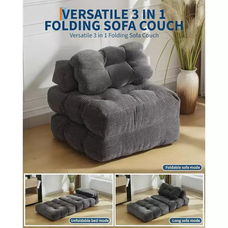 Canapé lit convertible multifonctionnel 3 en 1 - Tissu en velours côtelé capitonné, pas de 10 mm, canapé lit pliant avec oreillers, matelas confortable.