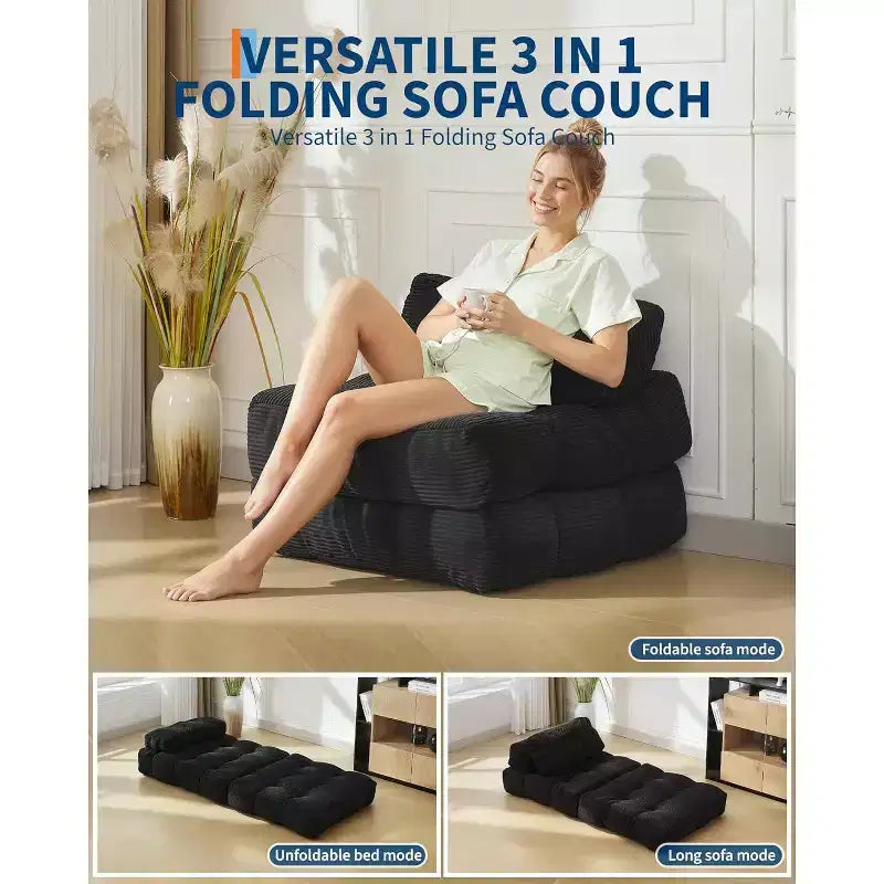 Canapé lit convertible multifonctionnel 3 en 1 - Tissu en velours côtelé capitonné, pas de 10 mm, canapé lit pliant avec oreillers, matelas confortable.