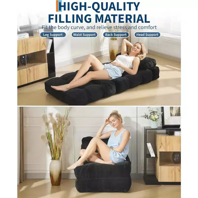 Canapé lit convertible multifonctionnel 3 en 1 - Tissu en velours côtelé capitonné, pas de 10 mm, canapé lit pliant avec oreillers, matelas confortable.