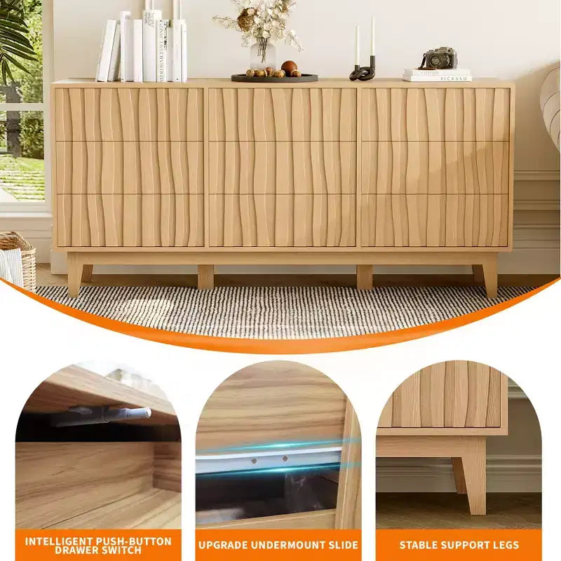 Commode cannelée pour chambre à coucher avec 9 tiroirs, commode cannelée moderne, armoire de rangement en bois autoportante, meuble TV pour salon