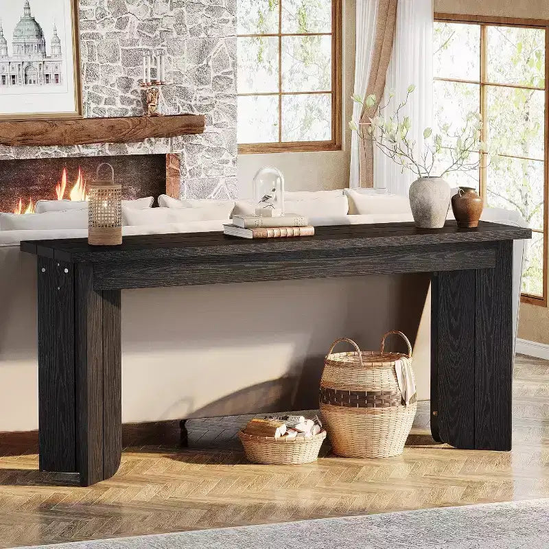 Lantine 70.9-Inch Extra Long Farmhouse Console Table with Widened Tabletop, Sturdy Double Pedestal, for Living Room Entryway (Black)