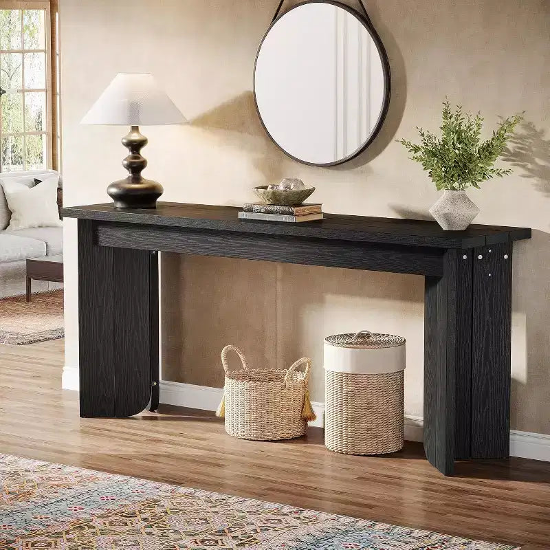 Table console extra longue de style ferme Lantine de 70,9 pouces avec plateau élargi, base double piédestal robuste, pour entrée de salon (Noir)