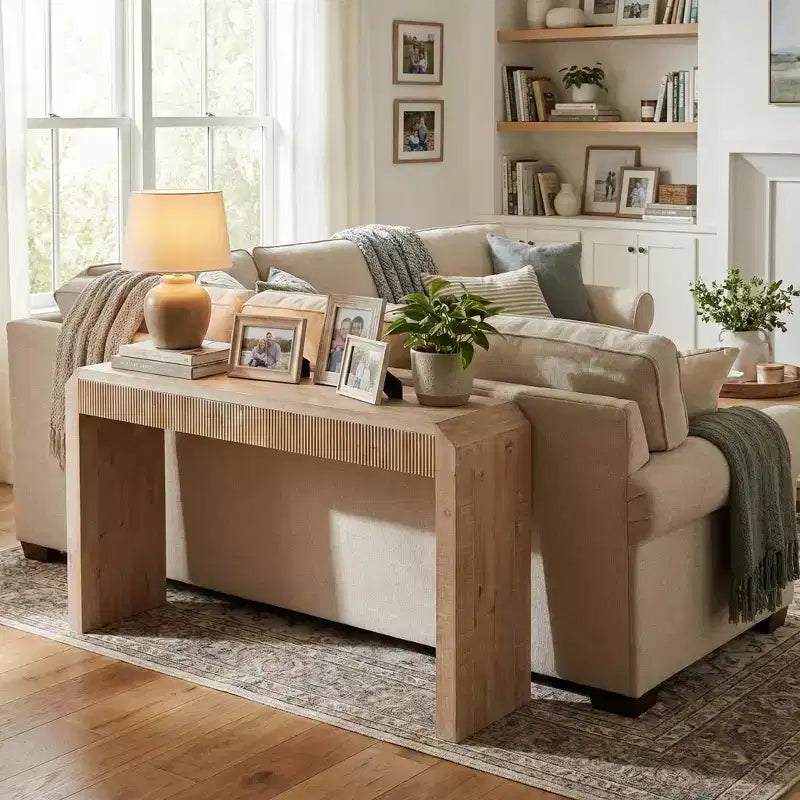 Homy Casa Console en bois 52 avec tiroir et détails nervurés, finition naturelle