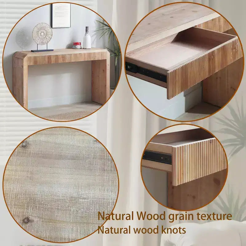 Homy Casa Console en bois 52 avec tiroir et détails nervurés, finition naturelle