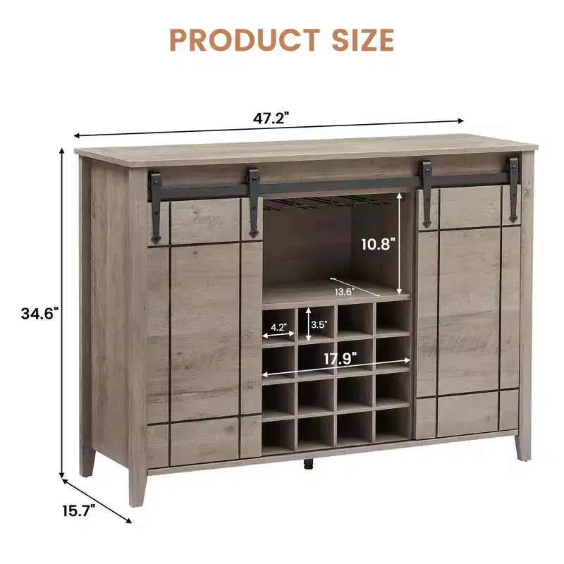 Meuble de bar à porte coulissante de style ferme avec rangement pour vin et verres - Buffet bahut et station café de 47"