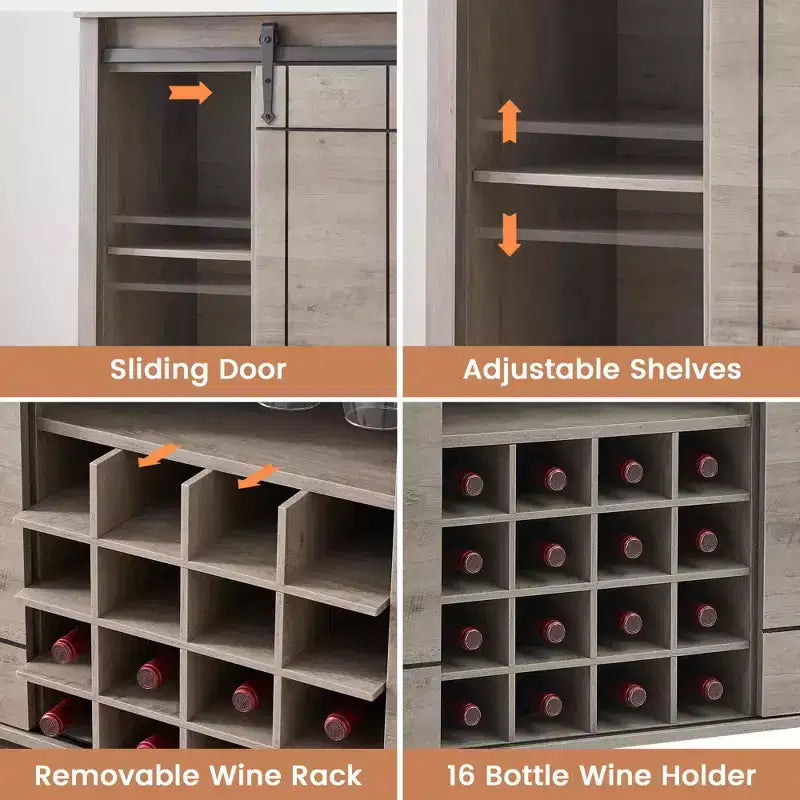 Meuble de bar à porte coulissante de style ferme avec rangement pour vin et verres - Buffet bahut et station café de 47"