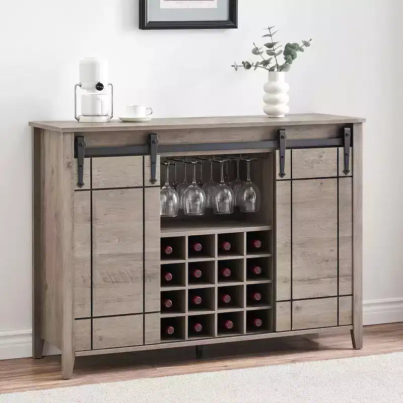 Meuble de bar à porte coulissante de style ferme avec rangement pour vin et verres - Buffet bahut et station café de 47"