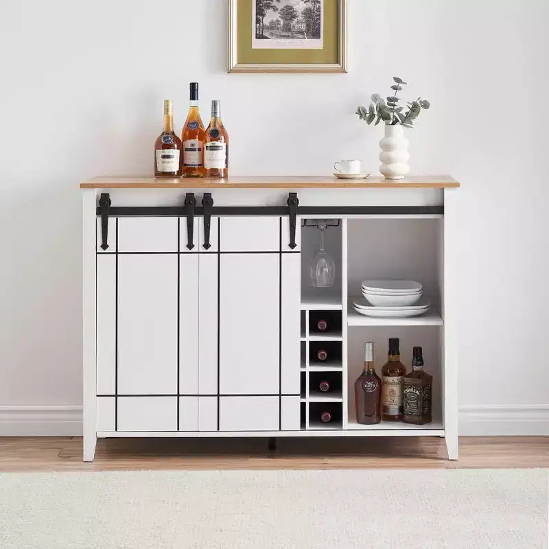 Meuble de bar à porte coulissante de style ferme avec rangement pour vin et verres - Buffet bahut et station café de 47"