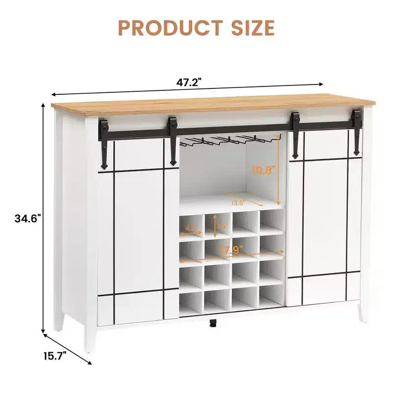 Meuble de bar à porte coulissante de style ferme avec rangement pour vin et verres - Buffet bahut et station café de 47"