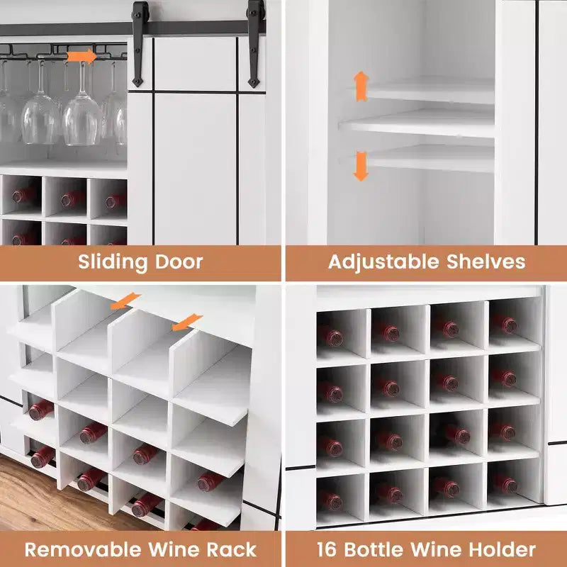 Meuble de bar à porte coulissante de style ferme avec rangement pour vin et verres - Buffet bahut et station café de 47"
