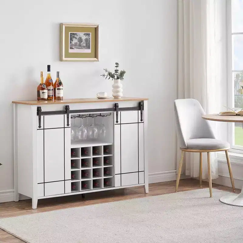 Meuble de bar à porte coulissante de style ferme avec rangement pour vin et verres - Buffet bahut et station café de 47"