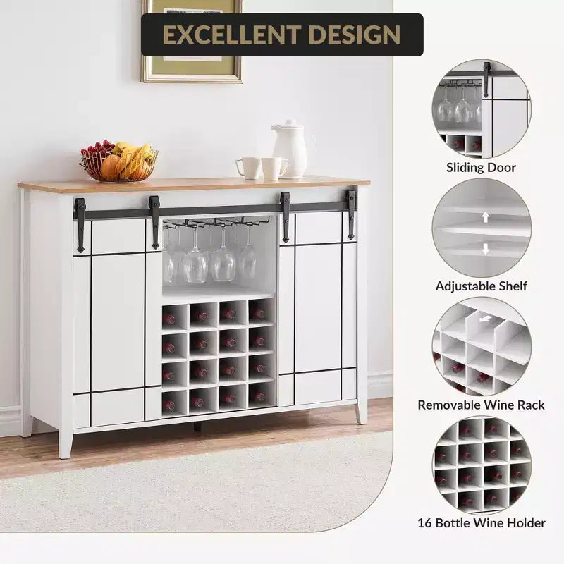 Meuble de bar à porte coulissante de style ferme avec rangement pour vin et verres - Buffet bahut et station café de 47"