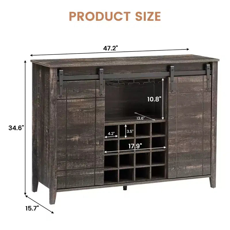 Meuble de bar à porte coulissante de style ferme avec rangement pour vin et verres - Buffet bahut et station café de 47"