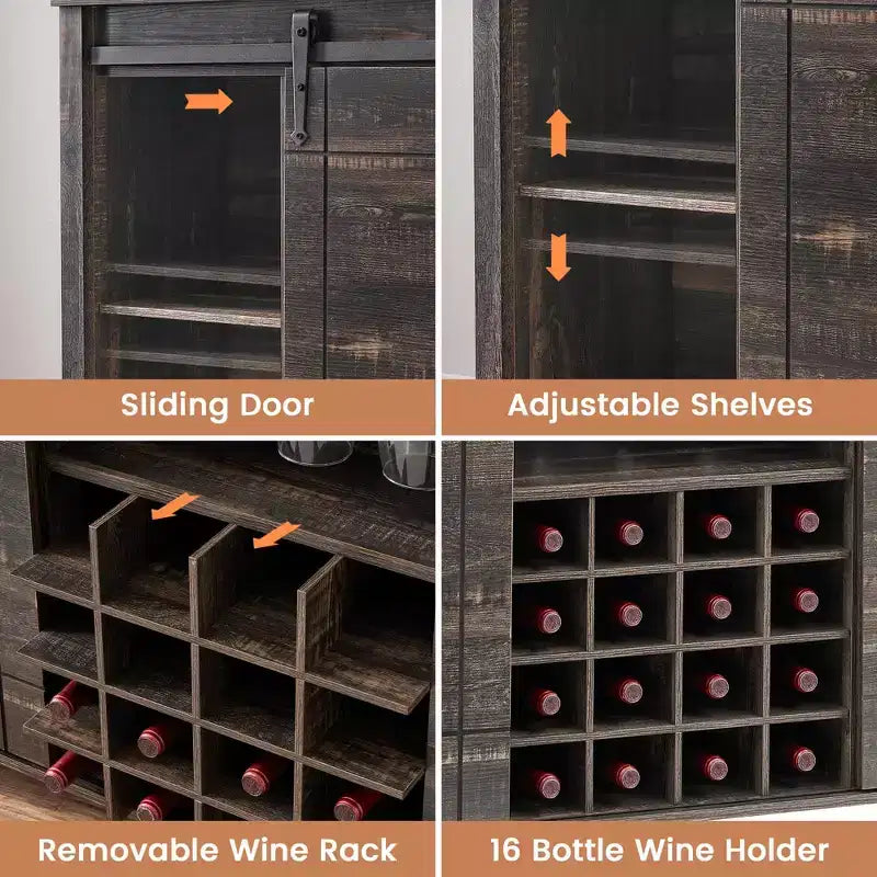 Meuble de bar à porte coulissante de style ferme avec rangement pour vin et verres - Buffet bahut et station café de 47"