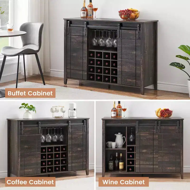Meuble de bar à porte coulissante de style ferme avec rangement pour vin et verres - Buffet bahut et station café de 47"