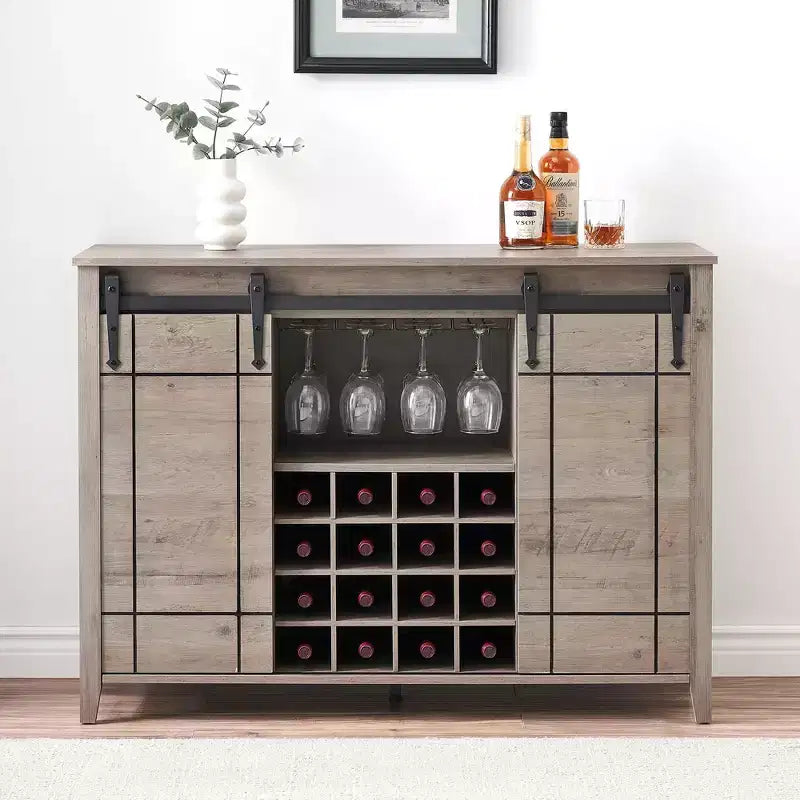 Meuble de bar à porte coulissante de style ferme avec rangement pour vin et verres - Buffet bahut et station café de 47"