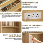 Coiffeuse encastrée avec miroir, 5 tiroirs, comptoir en verre, portes d'armoire, étagères réglables, pieds en bois et grand espace de rangement.