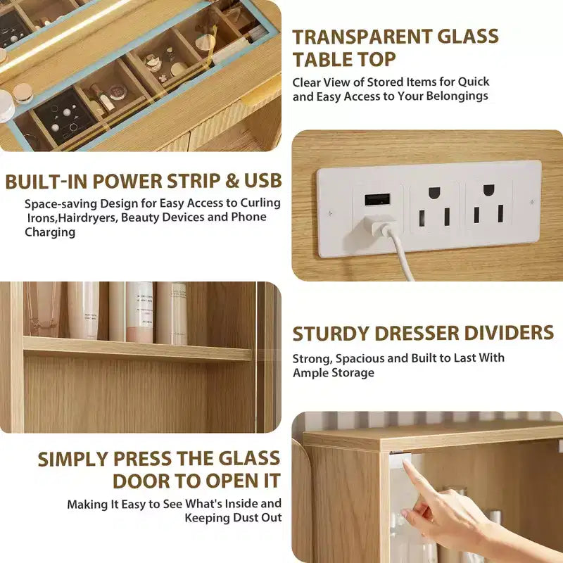 Coiffeuse encastrée avec miroir, 5 tiroirs, comptoir en verre, portes d'armoire, étagères réglables, pieds en bois et grand espace de rangement.