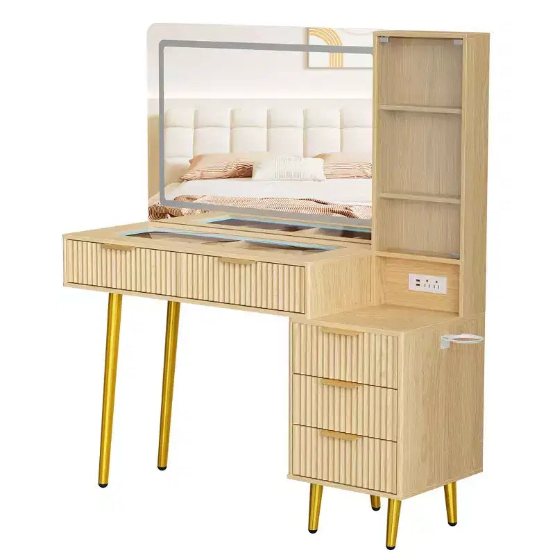Coiffeuse encastrée avec miroir, 5 tiroirs, comptoir en verre, portes d'armoire, étagères réglables, pieds en bois et grand espace de rangement.