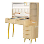 Coiffeuse encastrée avec miroir, 5 tiroirs, comptoir en verre, portes d'armoire, étagères réglables, pieds en bois et grand espace de rangement.
