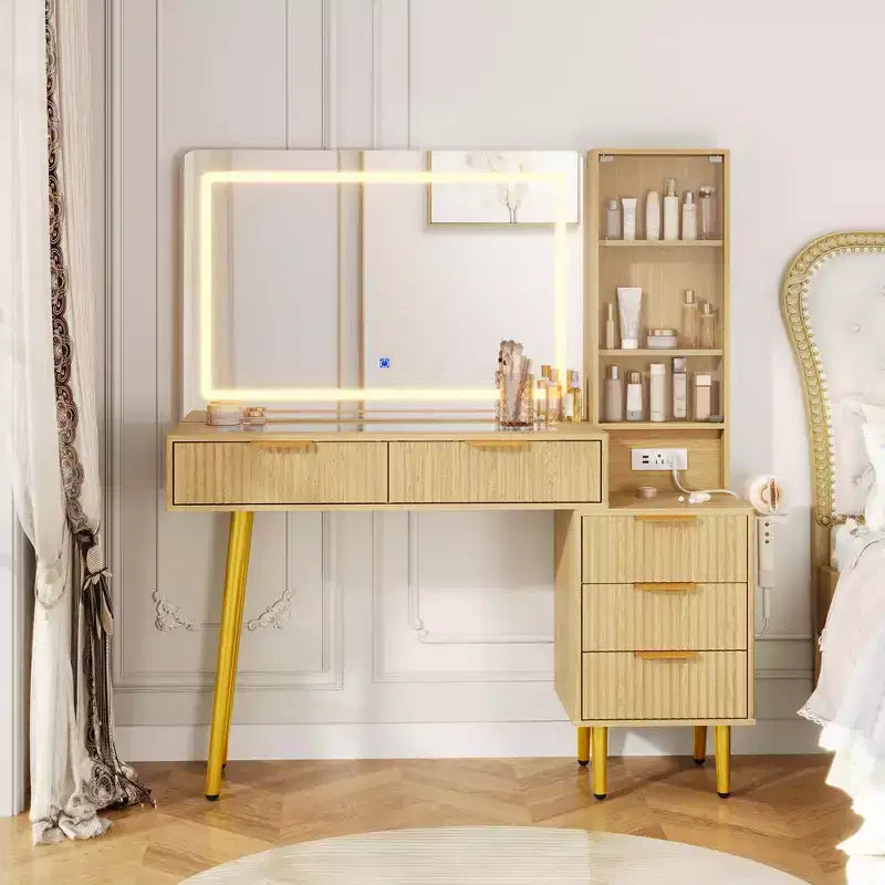 Coiffeuse encastrée avec miroir, 5 tiroirs, comptoir en verre, portes d'armoire, étagères réglables, pieds en bois et grand espace de rangement.