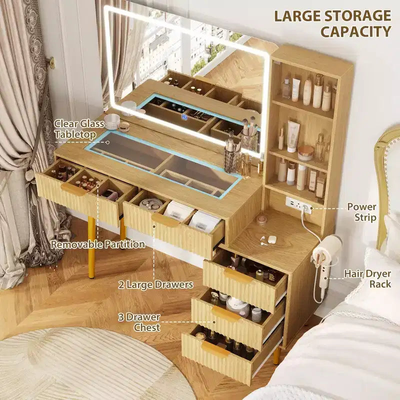 Coiffeuse encastrée avec miroir, 5 tiroirs, comptoir en verre, portes d'armoire, étagères réglables, pieds en bois et grand espace de rangement.
