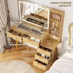 Coiffeuse encastrée avec miroir, 5 tiroirs, comptoir en verre, portes d'armoire, étagères réglables, pieds en bois et grand espace de rangement.