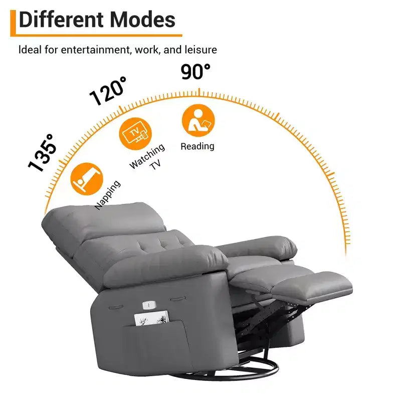 Fauteuil inclinable pivotant en cuir artificiel épaissi, avec fonctions de massage, d'inclinaison et poche latérale, adapté au salon et à la chambre à coucher.