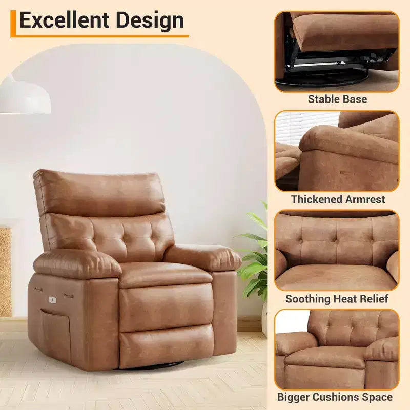 Fauteuil inclinable pivotant en cuir artificiel épaissi, avec fonctions de massage, d'inclinaison et poche latérale, adapté au salon et à la chambre à coucher.
