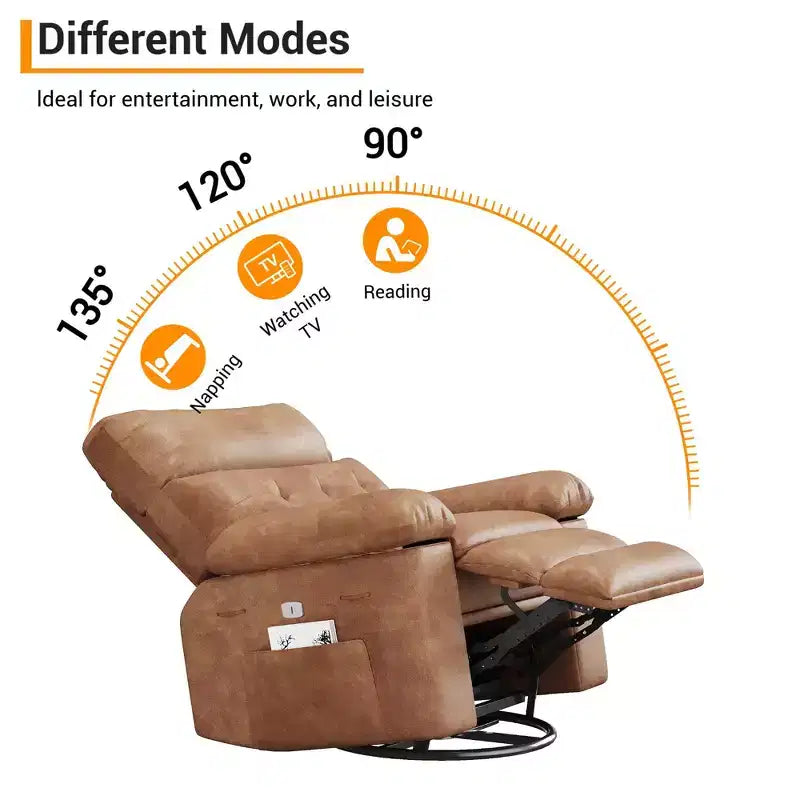Fauteuil inclinable pivotant en cuir artificiel épaissi, avec fonctions de massage, d'inclinaison et poche latérale, adapté au salon et à la chambre à coucher.