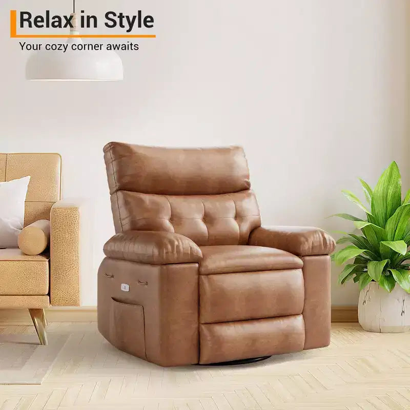 Fauteuil inclinable pivotant en cuir artificiel épaissi, avec fonctions de massage, d'inclinaison et poche latérale, adapté au salon et à la chambre à coucher.
