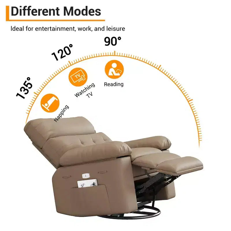 Fauteuil inclinable pivotant en cuir artificiel épaissi, avec fonctions de massage, d'inclinaison et poche latérale, adapté au salon et à la chambre à coucher.