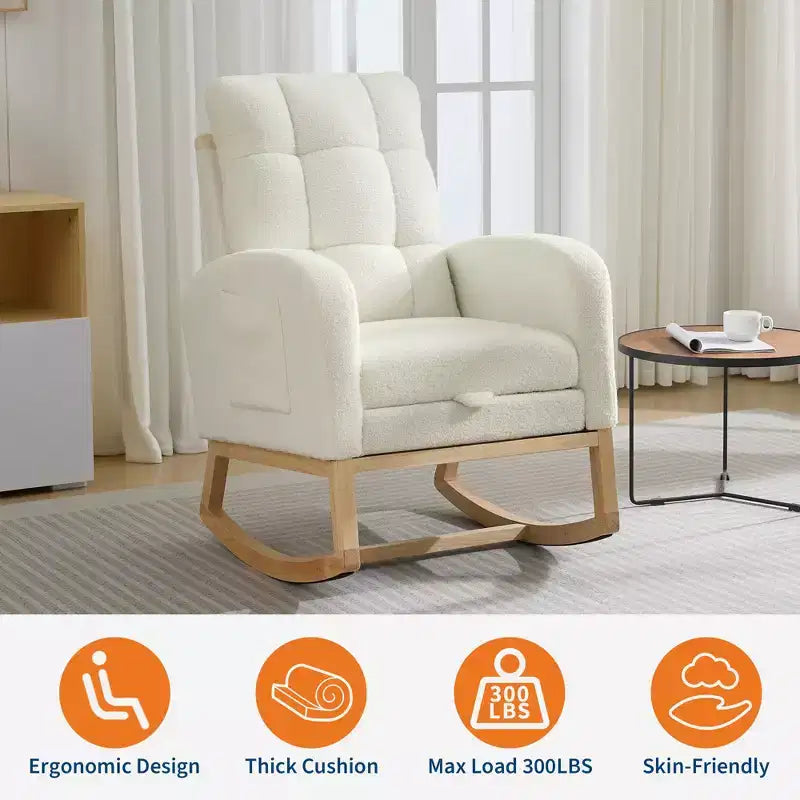 Fauteuil à bascule moderne avec poches latérales, design rembourré. Convient aux salons et chambres à coucher. Dossier haut