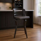 Chaise de bar HomeRoots 29 en similicuir gris et noir et fer pivotante à dossier bas et hauteur de bar