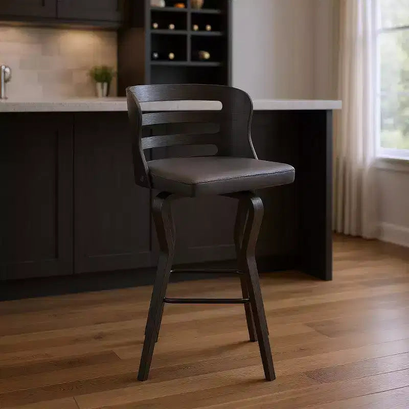 Chaise de bar HomeRoots 29 en similicuir gris et noir et fer pivotante à dossier bas et hauteur de bar
