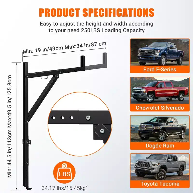Support d'échelle réglable robuste pour camionnettes | Construction en acier | Extensible de 19 à 34 po, hauteur de 44,5 à 49,5 po | Charge de 250 lb | Idéal pour les kayaks