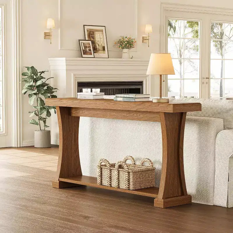 Console Lantine de 63 pouces pour entrée, Table d'entrée à 2 niveaux derrière un canapé avec étagères de rangement pour salon, couloir, Table en bois étroite