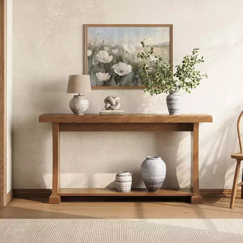 Console Lantine de 63 pouces pour entrée, Table d'entrée à 2 niveaux derrière un canapé avec étagères de rangement pour salon, couloir, Table en bois étroite