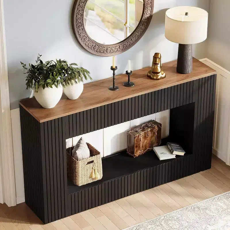 Table de console d'entrée Lantine 55, table console moderne avec 2 niveaux de rangement, meuble de canapé étroit pour salon, entrée, couloir, noir