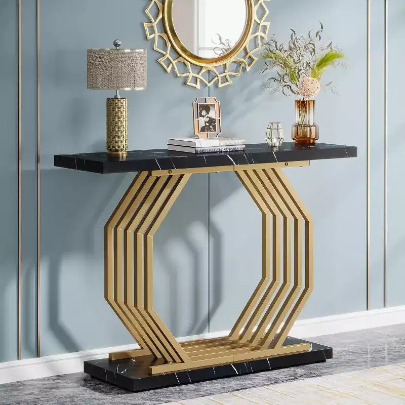 Lantine 40-Inch Gold Console Table, Faux Marble Entryway Narrow Sofa Table with Geometric Metal Base for Living Room, Hallway, Foyer, Black