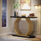 Console étroite Lantine de 40 pouces en or, table de canapé étroite d'entrée en faux marbre avec base géométrique en métal pour salon, couloir, foyer, noir