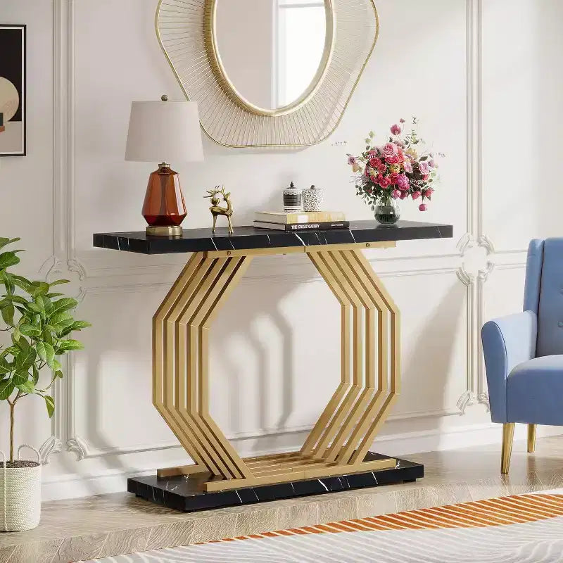 Console étroite Lantine de 40 pouces en or, table de canapé étroite d'entrée en faux marbre avec base géométrique en métal pour salon, couloir, foyer, noir