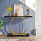Console étroite Lantine de 40 pouces en or, table de canapé étroite d'entrée en faux marbre avec base géométrique en métal pour salon, couloir, foyer, noir