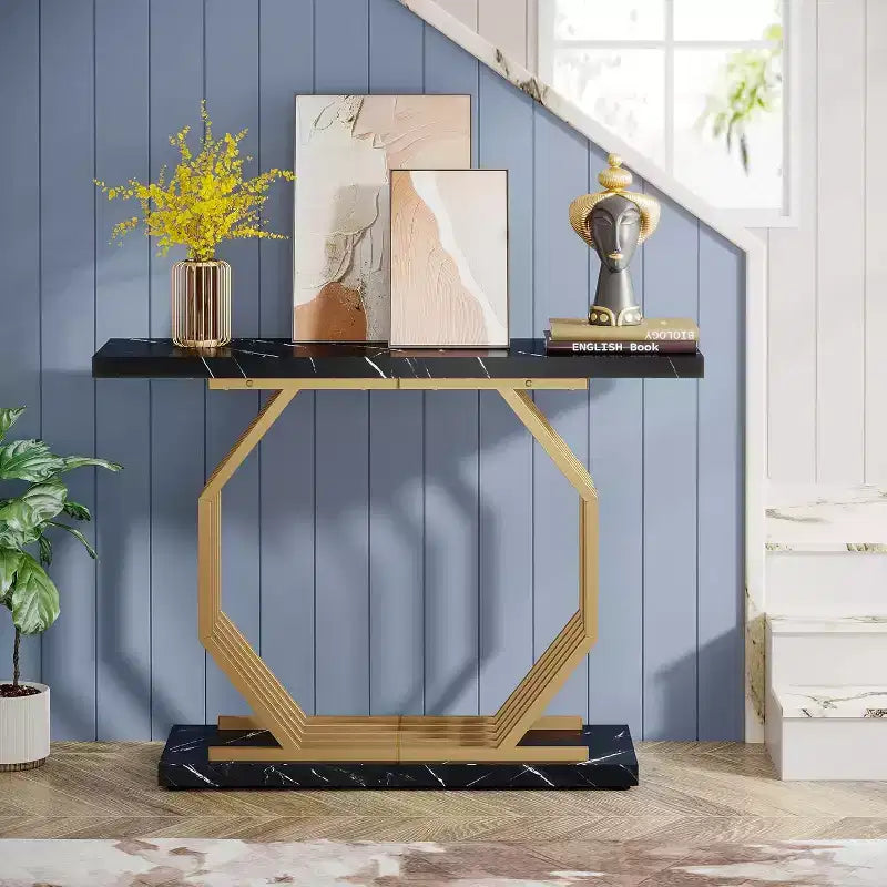 Console étroite Lantine de 40 pouces en or, table de canapé étroite d'entrée en faux marbre avec base géométrique en métal pour salon, couloir, foyer, noir