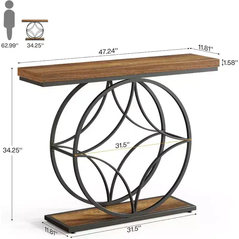 Console Lantine de 47 pouces, table de canapé industrielle à 2 niveaux avec cadre métallique géométrique pour salon, derrière le canapé, petits espaces, marron rustique