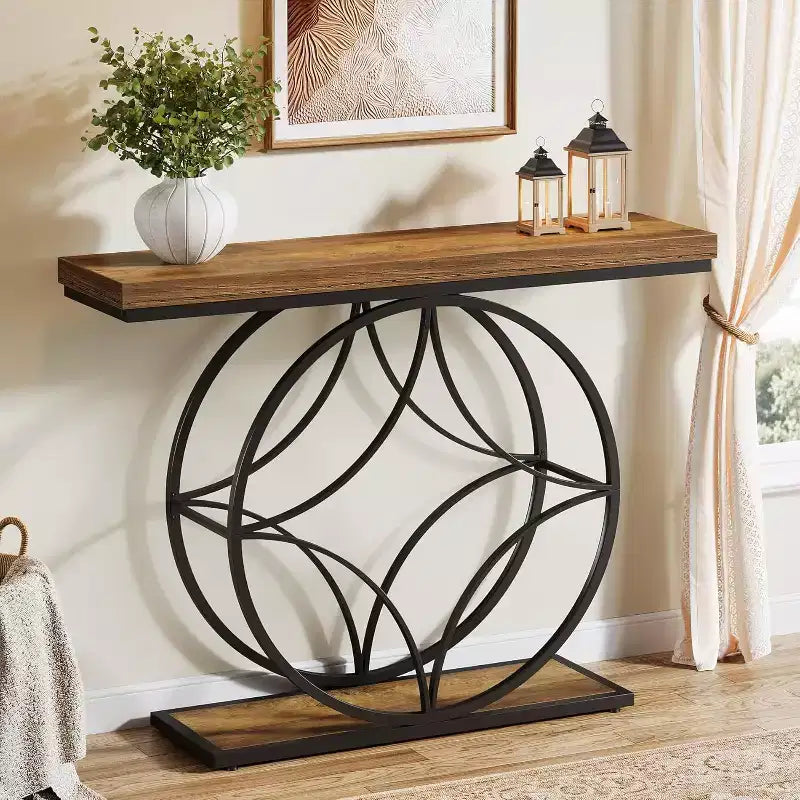 Console Lantine de 47 pouces, table de canapé industrielle à 2 niveaux avec cadre métallique géométrique pour salon, derrière le canapé, petits espaces, marron rustique