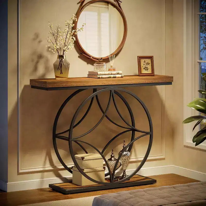 Console Lantine de 47 pouces, table de canapé industrielle à 2 niveaux avec cadre métallique géométrique pour salon, derrière le canapé, petits espaces, marron rustique